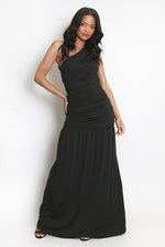 Load image into Gallery viewer, Svartur síður kjóll kemur yfir aðra öxl www.demetra.is jólakjóll árshátíðarkjóll áramótakjóll
