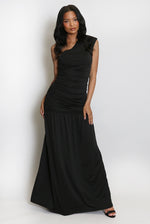 Load image into Gallery viewer, Svartur síður kjóll kemur yfir aðra öxl www.demetra.is jólakjóll árshátíðarkjóll áramótakjóll
