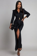 Load image into Gallery viewer, svartur síður kjóll fleginn með klauf jól og áramót www.demetra.is
